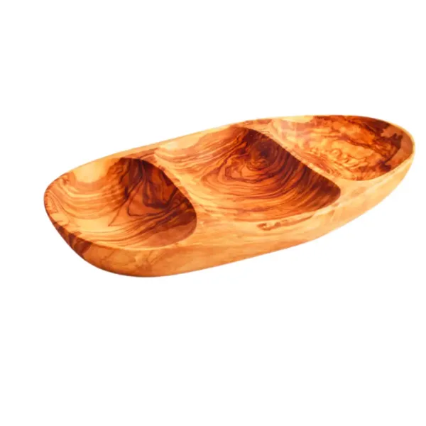 Assiette à goûter en bois d’olivier avec 3 compartiments.