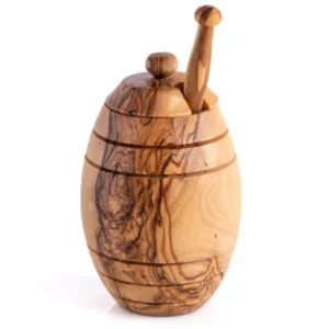 Pot à miel en bois d’olivier avec cuillère incluse.