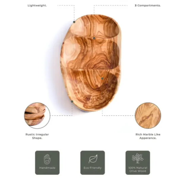 Assiette à 3 compartiments en bois d’olivier.