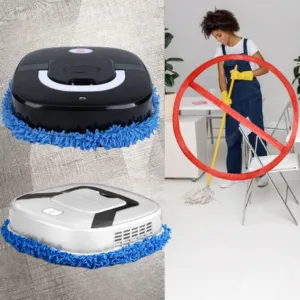 Robot aspirateur laveur sur sol en marbre.