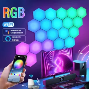Hexagon™ Applique Murale Intelligente RVB installée dans un salon moderne.