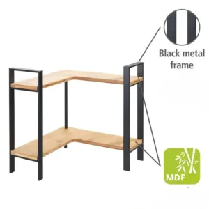 Étagère d'angle en MDF marron et acier noir, vue de côté.