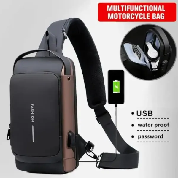 Sac avec fermeture éclair verrouillable et interface USB externe.
