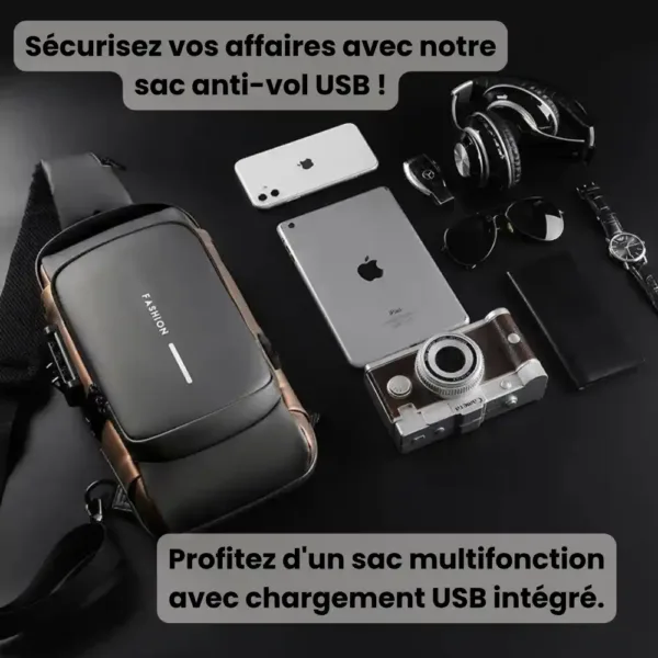 Sac imperméable avec chargeur USB intégré pour un usage quotidien.