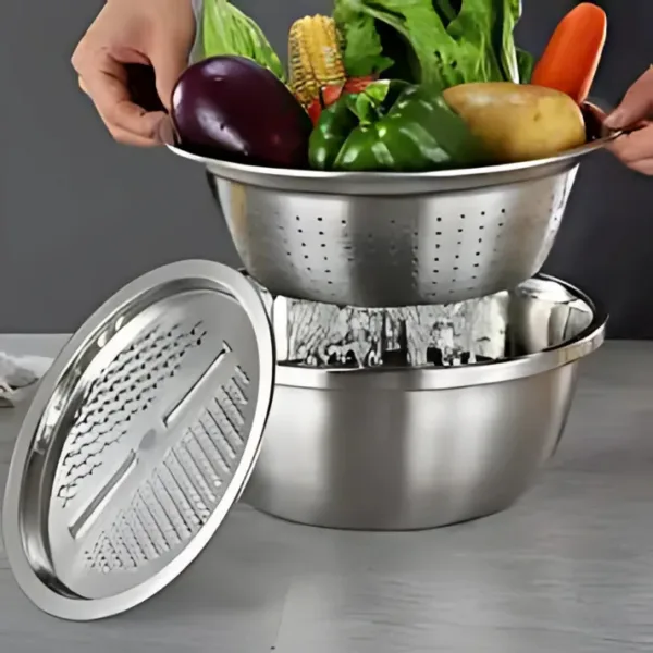 Coupe-légumes en inox avec panier de vidange pour une préparation pratique des salades.